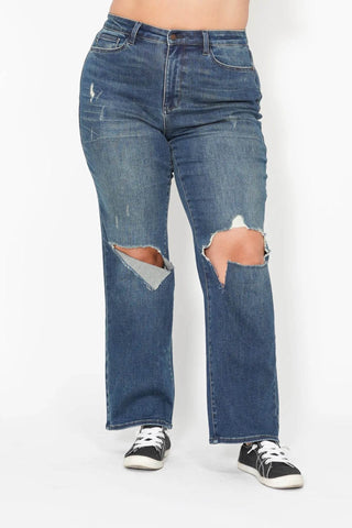 Judy Blue Full Size Hw Ripped Knee Dad Jeans Plus Size - Just Believe Boutique
