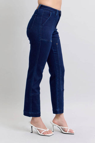 Judy Blue Full Size Hw Work Wear Knee Patch Straight Jeans Plus Size - Just Believe Boutique