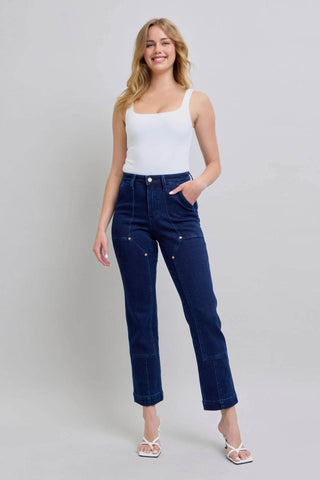 Judy Blue Full Size Hw Work Wear Knee Patch Straight Jeans Plus Size - Just Believe Boutique
