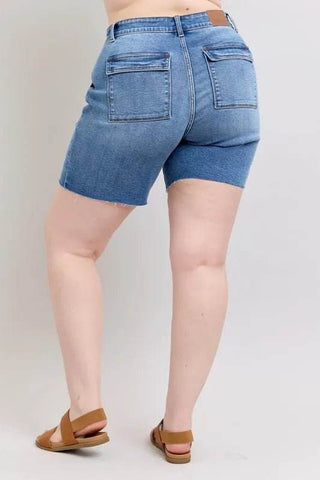 Judy Blue Full Size Mid Rise Bermudas Denim Shorts W/ Back Flap Pockets Plus Size - Just Believe Boutique