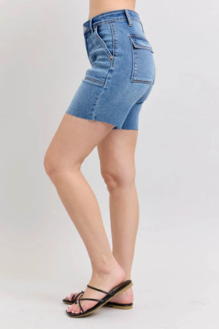 Judy Blue Full Size Mid Rise Bermudas Denim Shorts W/ Back Flap Pockets Plus Size - Just Believe Boutique