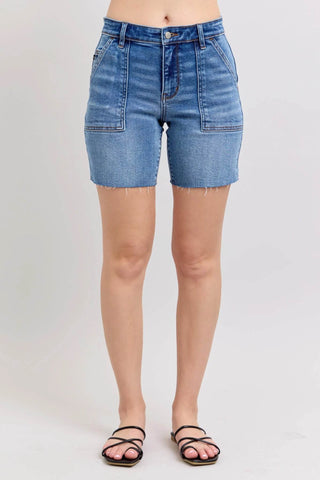 Judy Blue Full Size Mid Rise Bermudas Denim Shorts W/ Back Flap Pockets Plus Size - Just Believe Boutique