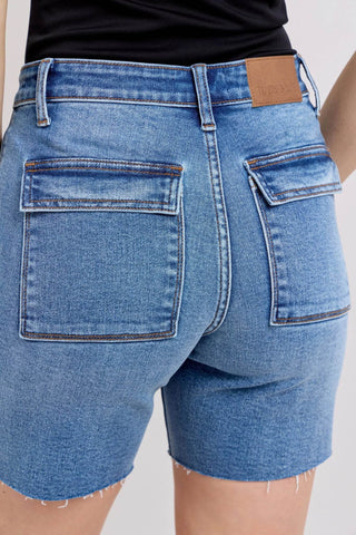 Judy Blue Full Size Mid Rise Bermudas Denim Shorts W/ Back Flap Pockets Plus Size - Just Believe Boutique