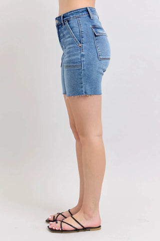 Judy Blue Full Size Mid Rise Bermudas Denim Shorts W/ Back Flap Pockets Plus Size - Just Believe Boutique