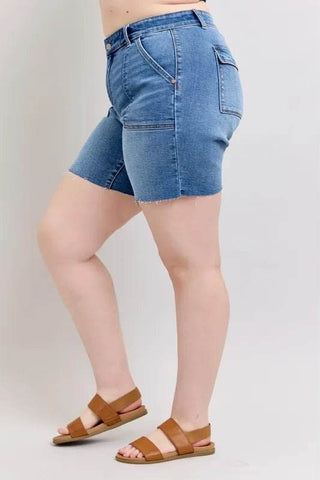 Judy Blue Full Size Mid Rise Bermudas Denim Shorts W/ Back Flap Pockets Plus Size - Just Believe Boutique