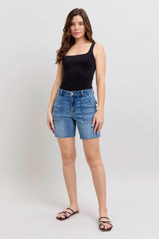 Judy Blue Full Size Mid Rise Bermudas Denim Shorts W/ Back Flap Pockets Plus Size - Just Believe Boutique