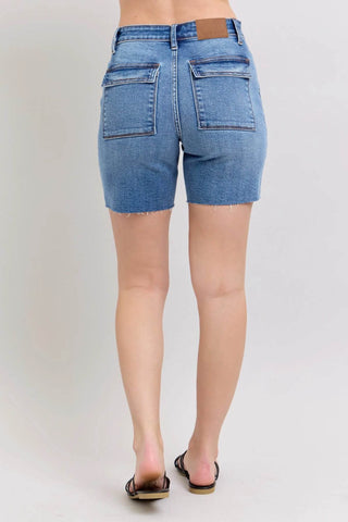Judy Blue Full Size Mid Rise Bermudas Denim Shorts W/ Back Flap Pockets Plus Size - Just Believe Boutique
