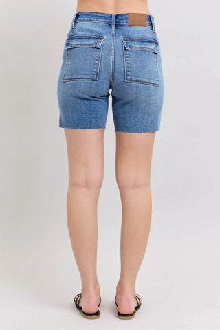 Judy Blue Full Size Mid Rise Bermudas Denim Shorts W/ Back Flap Pockets Plus Size - Just Believe Boutique