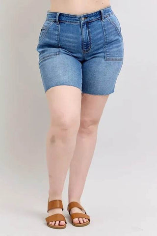 Judy Blue Full Size Mid Rise Bermudas Denim Shorts W/ Back Flap Pockets Plus Size - Just Believe Boutique