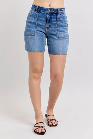 Judy Blue Full Size Mid Rise Bermudas Denim Shorts W/ Back Flap Pockets Plus Size - Just Believe Boutique