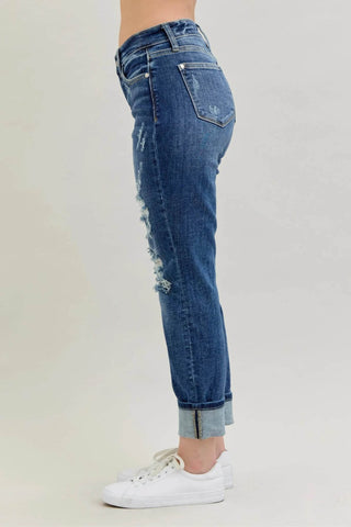 Judy Blue Full Size Mid Rise Cuffed Destroy Bf Jeans Plus Size - Just Believe Boutique