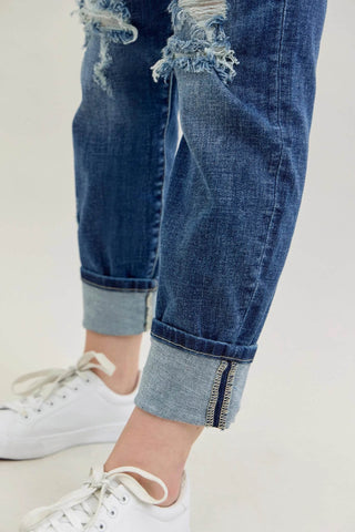 Judy Blue Full Size Mid Rise Cuffed Destroy Bf Jeans Plus Size - Just Believe Boutique