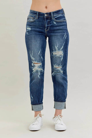 Judy Blue Full Size Mid Rise Cuffed Destroy Bf Jeans Plus Size - Just Believe Boutique