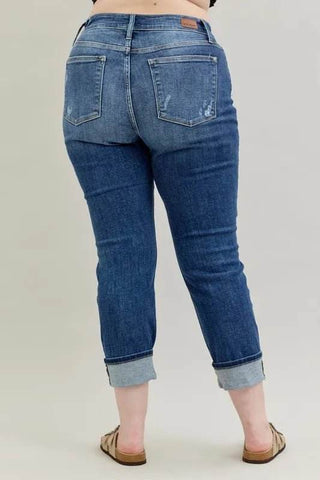Judy Blue Full Size Mid Rise Cuffed Destroy Bf Jeans Plus Size - Just Believe Boutique