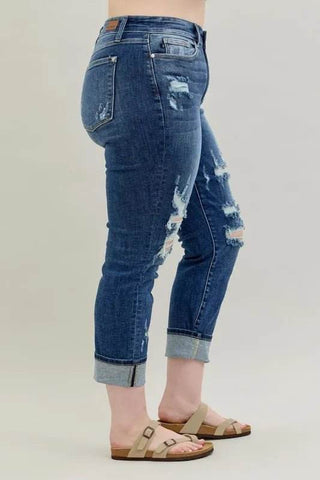 Judy Blue Full Size Mid Rise Cuffed Destroy Bf Jeans Plus Size - Just Believe Boutique
