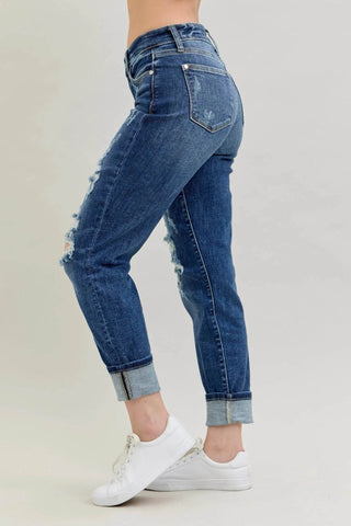 Judy Blue Full Size Mid Rise Cuffed Destroy Bf Jeans Plus Size - Just Believe Boutique