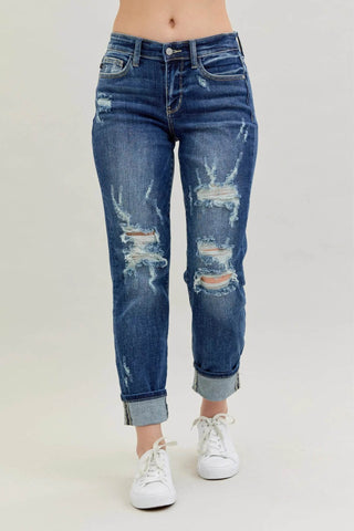 Judy Blue Full Size Mid Rise Cuffed Destroy Bf Jeans Plus Size - Just Believe Boutique