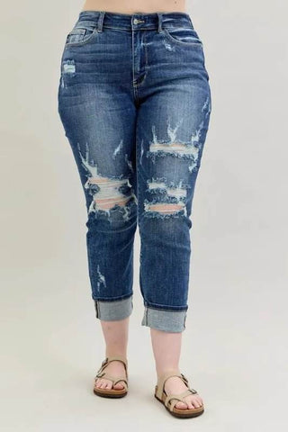 Judy Blue Full Size Mid Rise Cuffed Destroy Bf Jeans Plus Size - Just Believe Boutique