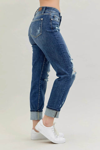 Judy Blue Full Size Mid Rise Cuffed Destroy Bf Jeans Plus Size - Just Believe Boutique