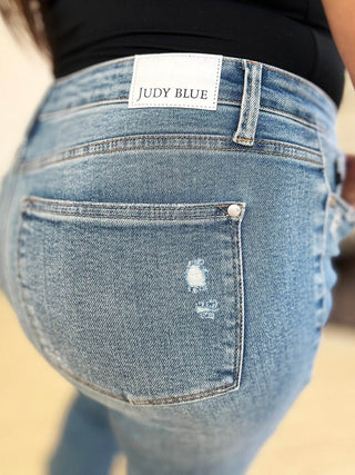 Judy Blue Full Size Mid Rise Destroyed Hem Distressed Jeans - Just Believe Boutique