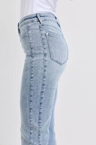 Judy Blue Full Size Mid Rise Rhinestone Side Panel Detail Flare Jeans Plus Size - Just Believe Boutique