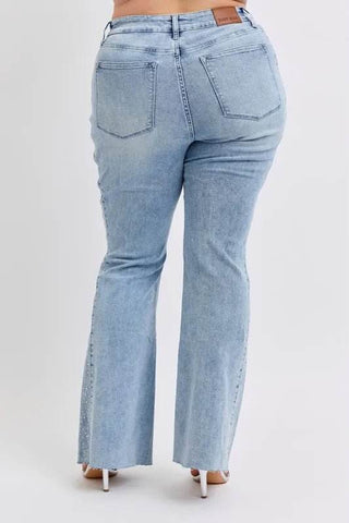 Judy Blue Full Size Mid Rise Rhinestone Side Panel Detail Flare Jeans Plus Size - Just Believe Boutique