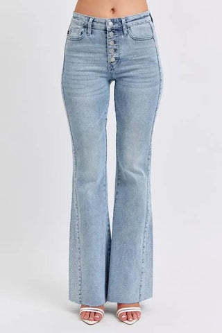 Judy Blue Full Size Mid Rise Rhinestone Side Panel Detail Flare Jeans Plus Size - Just Believe Boutique