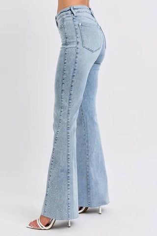 Judy Blue Full Size Mid Rise Rhinestone Side Panel Detail Flare Jeans Plus Size - Just Believe Boutique