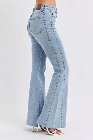 Judy Blue Full Size Mid Rise Rhinestone Side Panel Detail Flare Jeans Plus Size - Just Believe Boutique