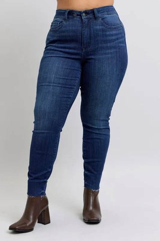 Judy Blue Full Size Mid Rise Skinny Jeans with Raw Hem Plus Size - Just Believe Boutique