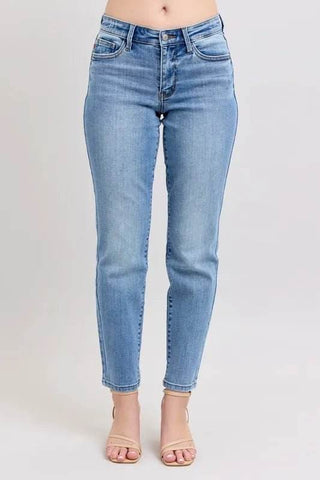 Judy Blue Full Size Mid Rise Vintage Wash Slim Jeans with Cell Phone Pocket Plus Size - Just Believe Boutique