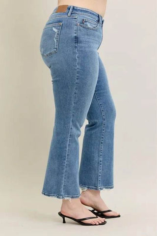 Judy Blue Full Size Mid Rise Wash Destroy Hem Bootcut Jeans Plus Size - Just Believe Boutique