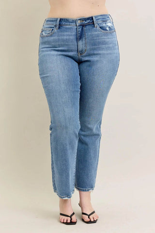 Judy Blue Full Size Mid Rise Wash Destroy Hem Bootcut Jeans Plus Size - Just Believe Boutique