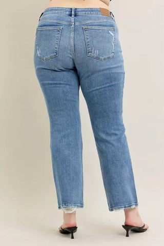 Judy Blue Full Size Mid Rise Wash Destroy Hem Bootcut Jeans Plus Size - Just Believe Boutique