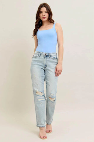 Judy Blue Full Size Mr Repair Stitch Detail Destroy Single Cuff Bf Jeans Plus Size - Just Believe Boutique