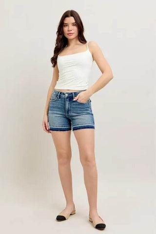 Judy Blue Full Size Mr Tummy Control Vintage Wash Release Hem Shorts Plus Size - Just Believe Boutique