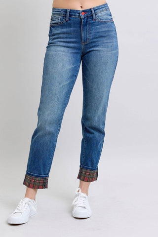 Judy Blue Full Size Plaid Print Cuff Straight Leg Jeans with Pockets - Just Believe Boutique