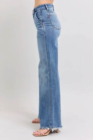 Judy Blue Full Size Raw Hem Wide Leg Jeans Plus Size - Just Believe Boutique