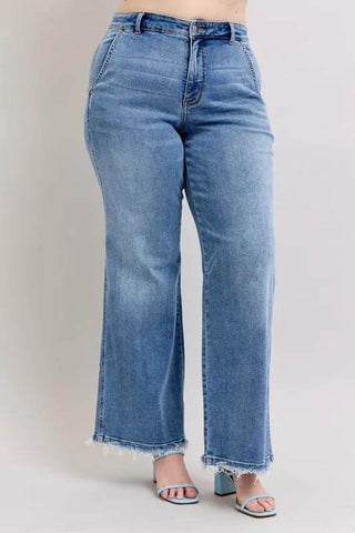 Judy Blue Full Size Raw Hem Wide Leg Jeans Plus Size - Just Believe Boutique