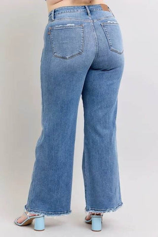 Judy Blue Full Size Raw Hem Wide Leg Jeans Plus Size - Just Believe Boutique