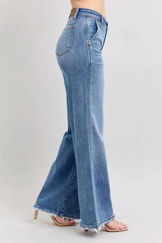 Judy Blue Full Size Raw Hem Wide Leg Jeans Plus Size - Just Believe Boutique