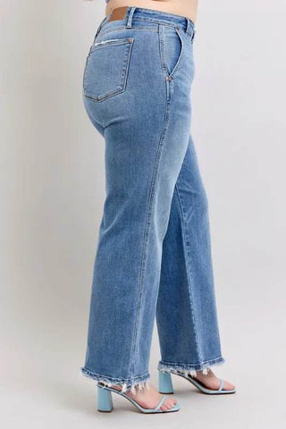 Judy Blue Full Size Raw Hem Wide Leg Jeans Plus Size - Just Believe Boutique