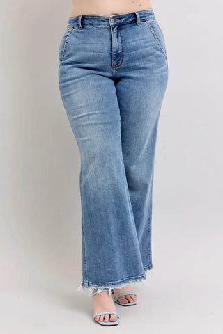 Judy Blue Full Size Raw Hem Wide Leg Jeans Plus Size - Just Believe Boutique