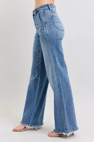 Judy Blue Full Size Raw Hem Wide Leg Jeans Plus Size - Just Believe Boutique