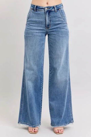 Judy Blue Full Size Raw Hem Wide Leg Jeans Plus Size - Just Believe Boutique