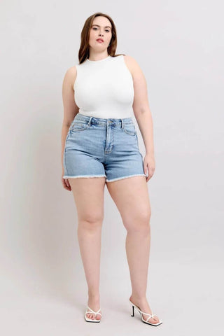 Judy Blue Full Size Tummy Control Raw Hem Denim Shorts Plus Size - Just Believe Boutique