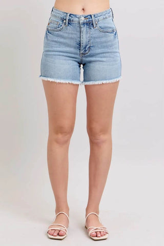 Judy Blue Full Size Tummy Control Raw Hem Denim Shorts Plus Size - Just Believe Boutique