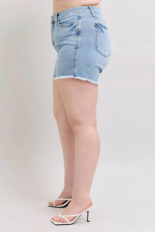 Judy Blue Full Size Tummy Control Raw Hem Denim Shorts Plus Size - Just Believe Boutique