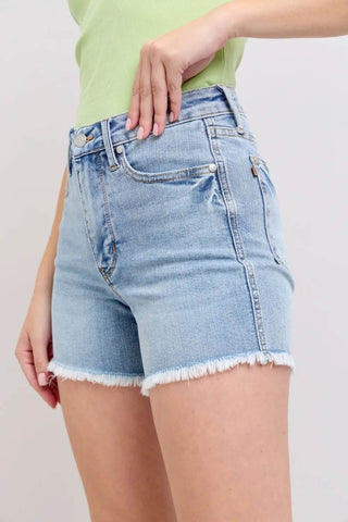 Judy Blue Full Size Tummy Control Raw Hem Denim Shorts Plus Size - Just Believe Boutique