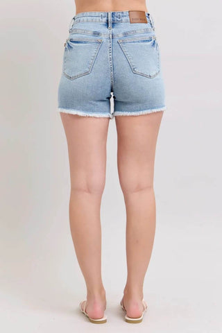 Judy Blue Full Size Tummy Control Raw Hem Denim Shorts Plus Size - Just Believe Boutique